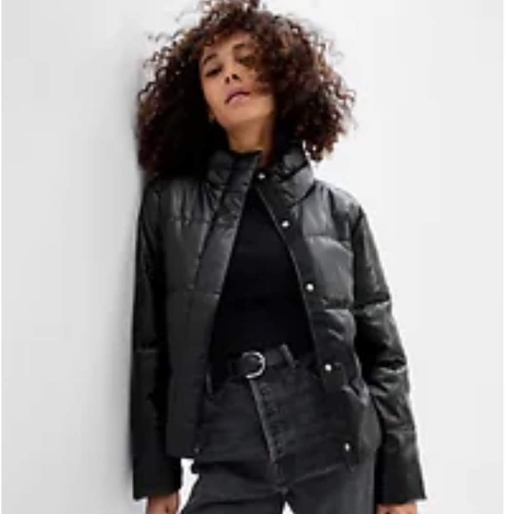 Black Faux Leather Puffer Jacket